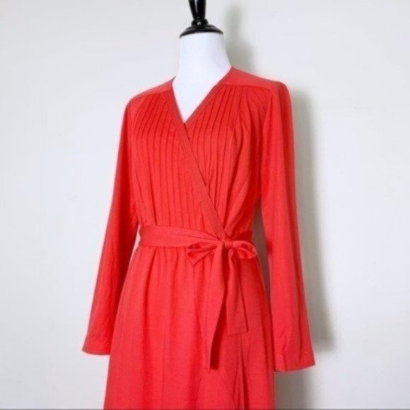 Vintage 60s 70s Edith Flagg Red Pleated Long Sleeve Midi Wrap Dress Small - Picture 3 of 12